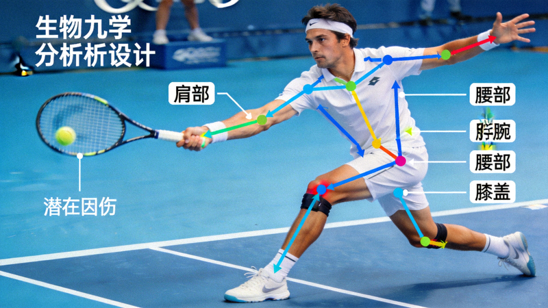 网球运动员击球动作生物力学分析图，标注发力点和潜在损伤区域