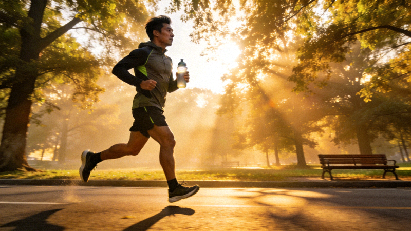 跑者正在城市公园道路上进行马拉松训练，背景是清晨的阳光