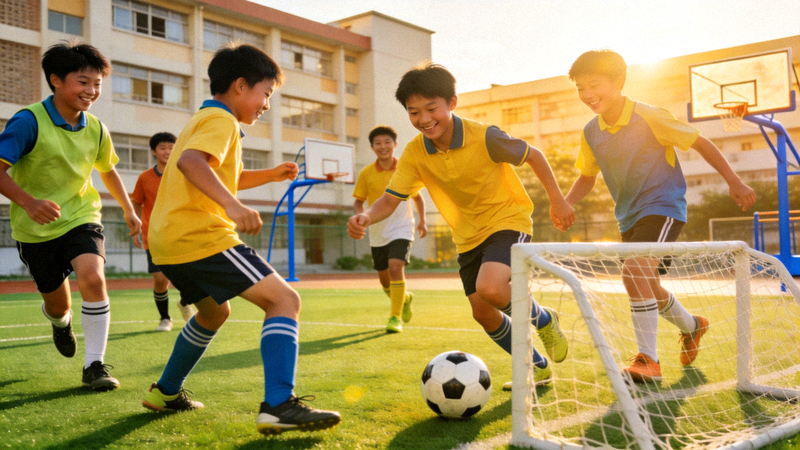 青少年在校园操场上进行足球训练的欢乐场景