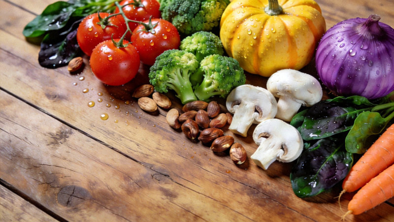 色彩丰富的新鲜蔬果和健康食材摆放在木质桌面上