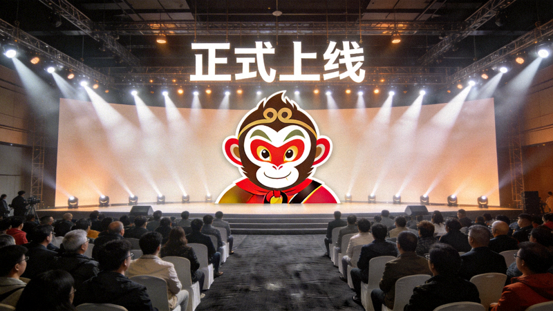 悟空体育官网上线发布会现场，背景是巨大的品牌Logo和‘正式上线’字样