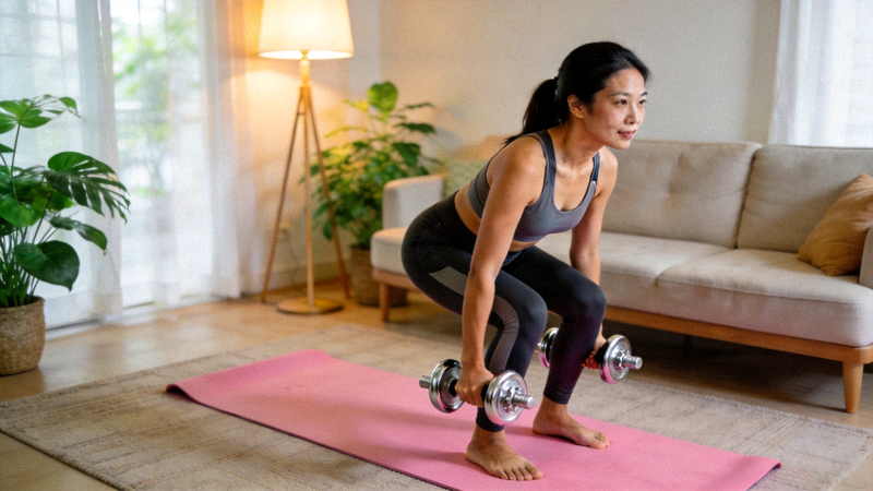 一位女士在客厅里利用瑜伽垫和哑铃进行居家健身训练