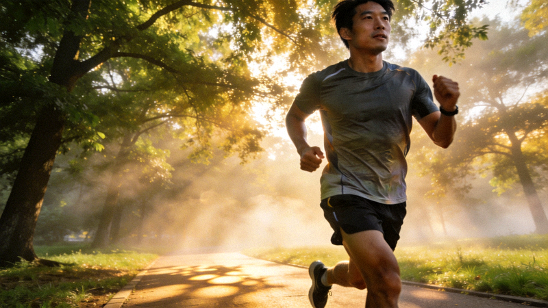 一位跑者在清晨的公园步道上跑步，阳光透过树叶洒下