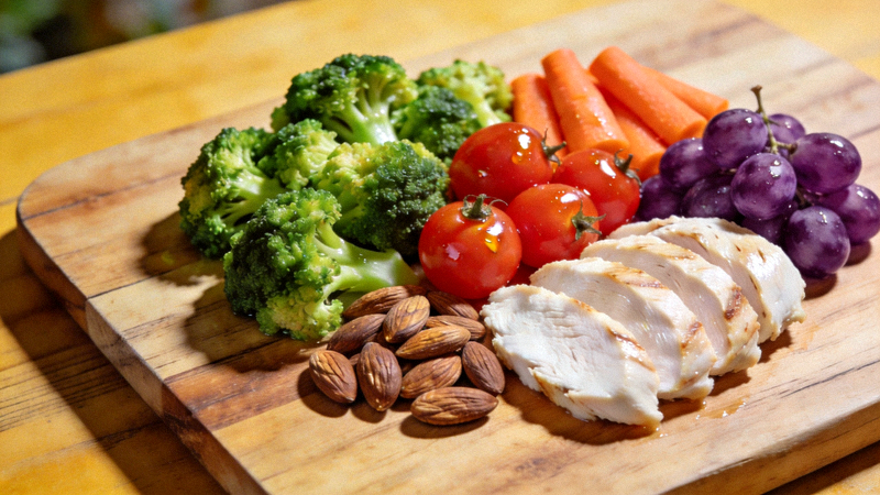 桌上摆放着色彩丰富的健康食物，如蔬菜、水果、坚果和鸡胸肉