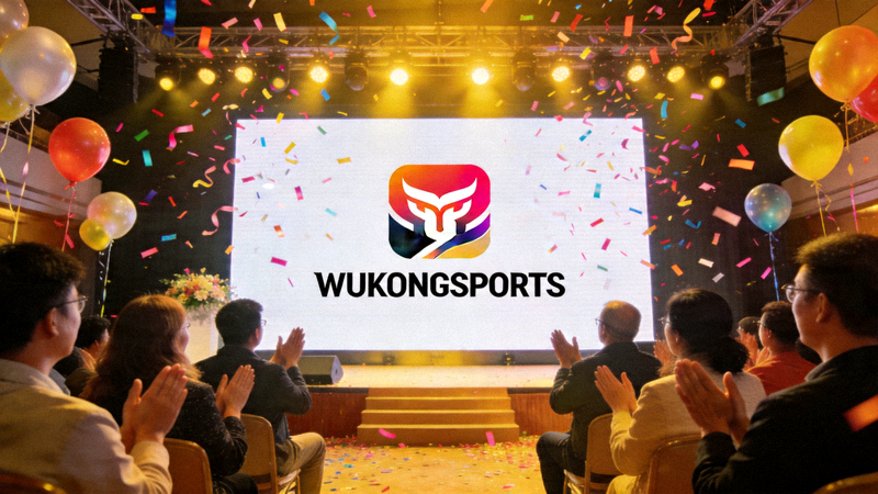 悟空体育官网WUKONGSPORTS正式上线发布会现场，大屏幕显示平台Logo