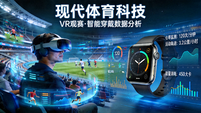 展示现代体育科技，如VR观赛、智能穿戴设备数据分析界面